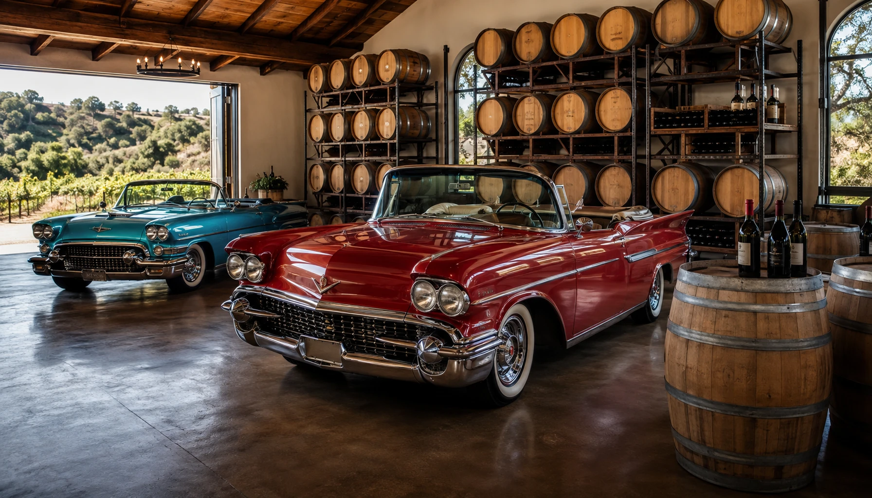 Deer Park — vintage convertibles holding court beside the barrels
