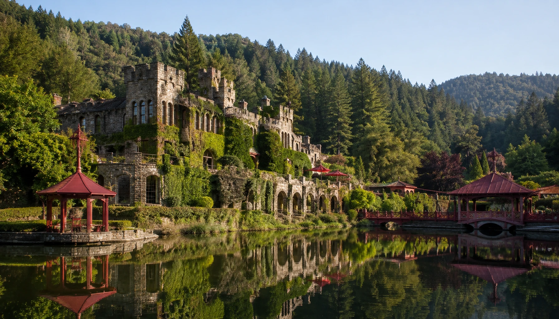Montelena — the château above its garden lake, where the Judgment white was grown