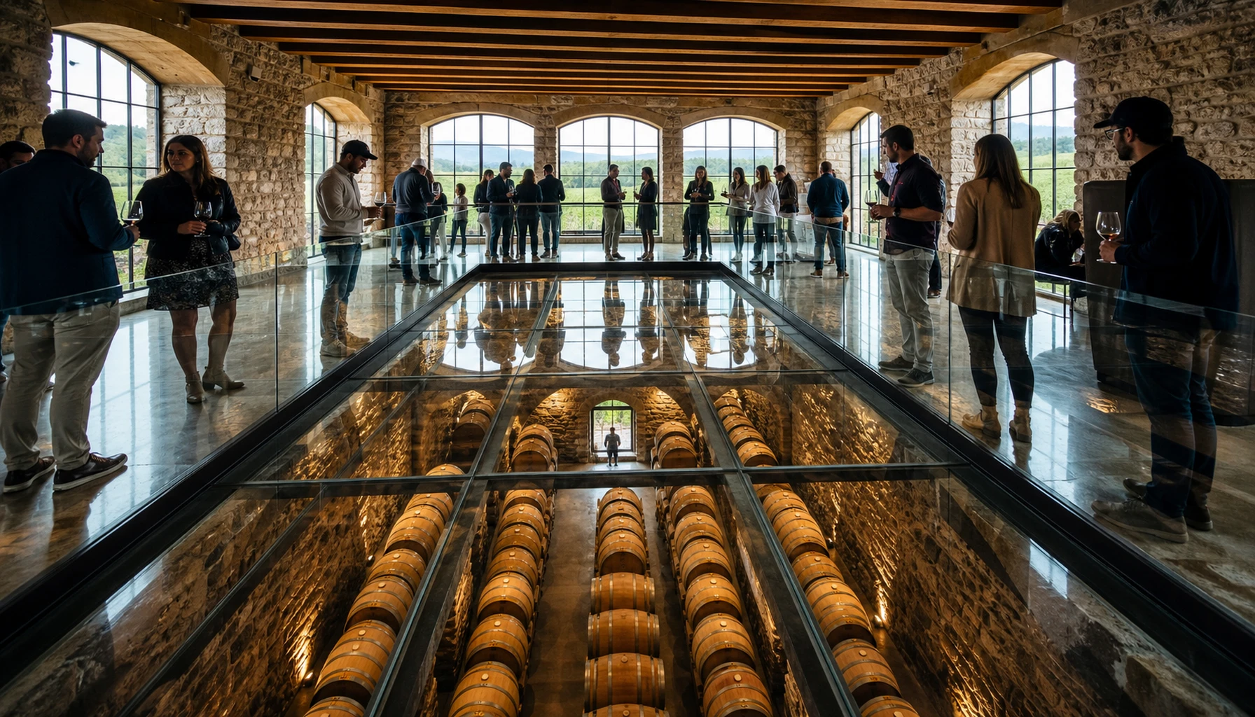 Monte De Oro Winery &mdash; the glass floor over the working barrel room.