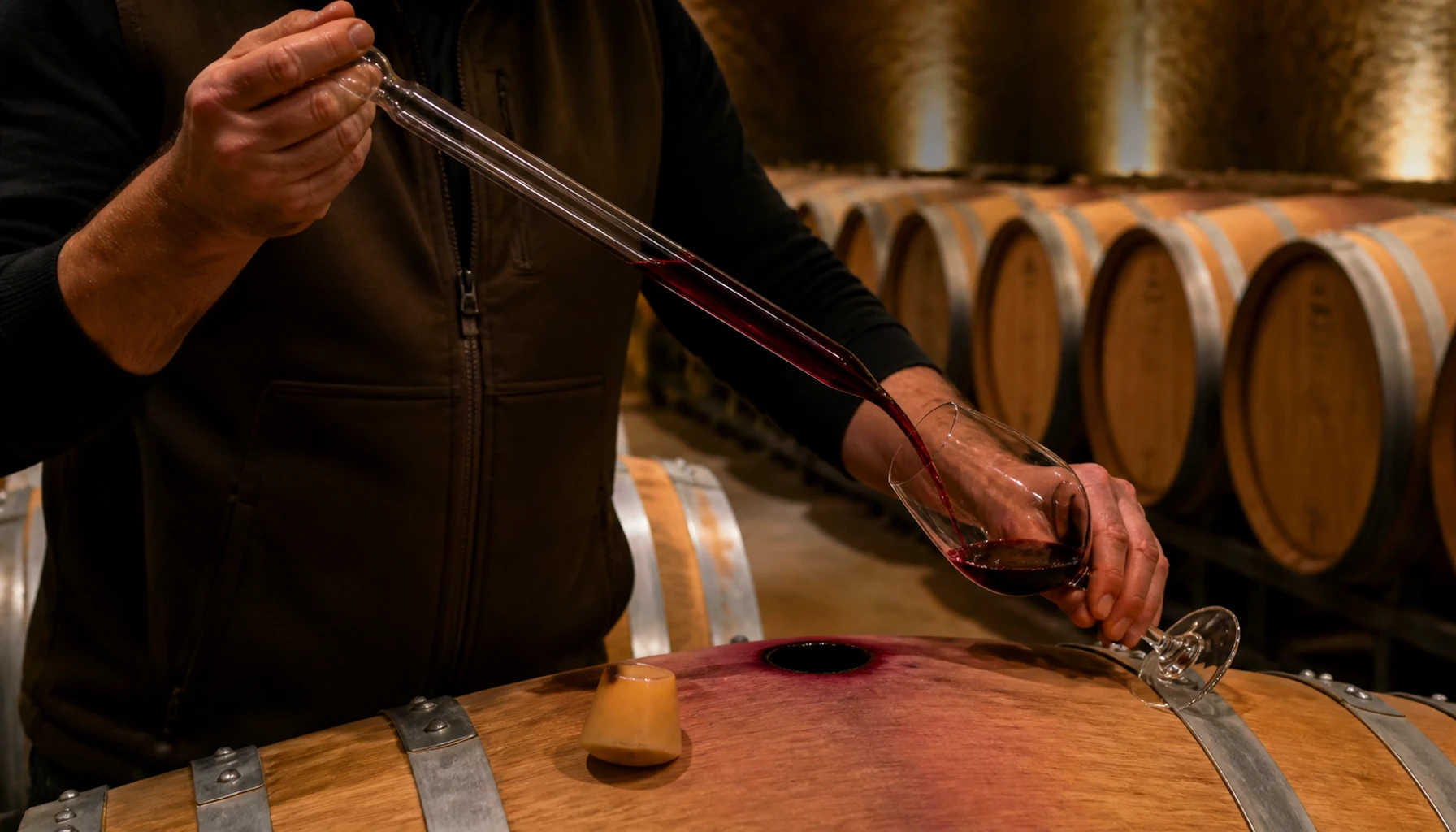 A glass thief doing honest work — next year’s red drawn straight from the barrel in cellar light