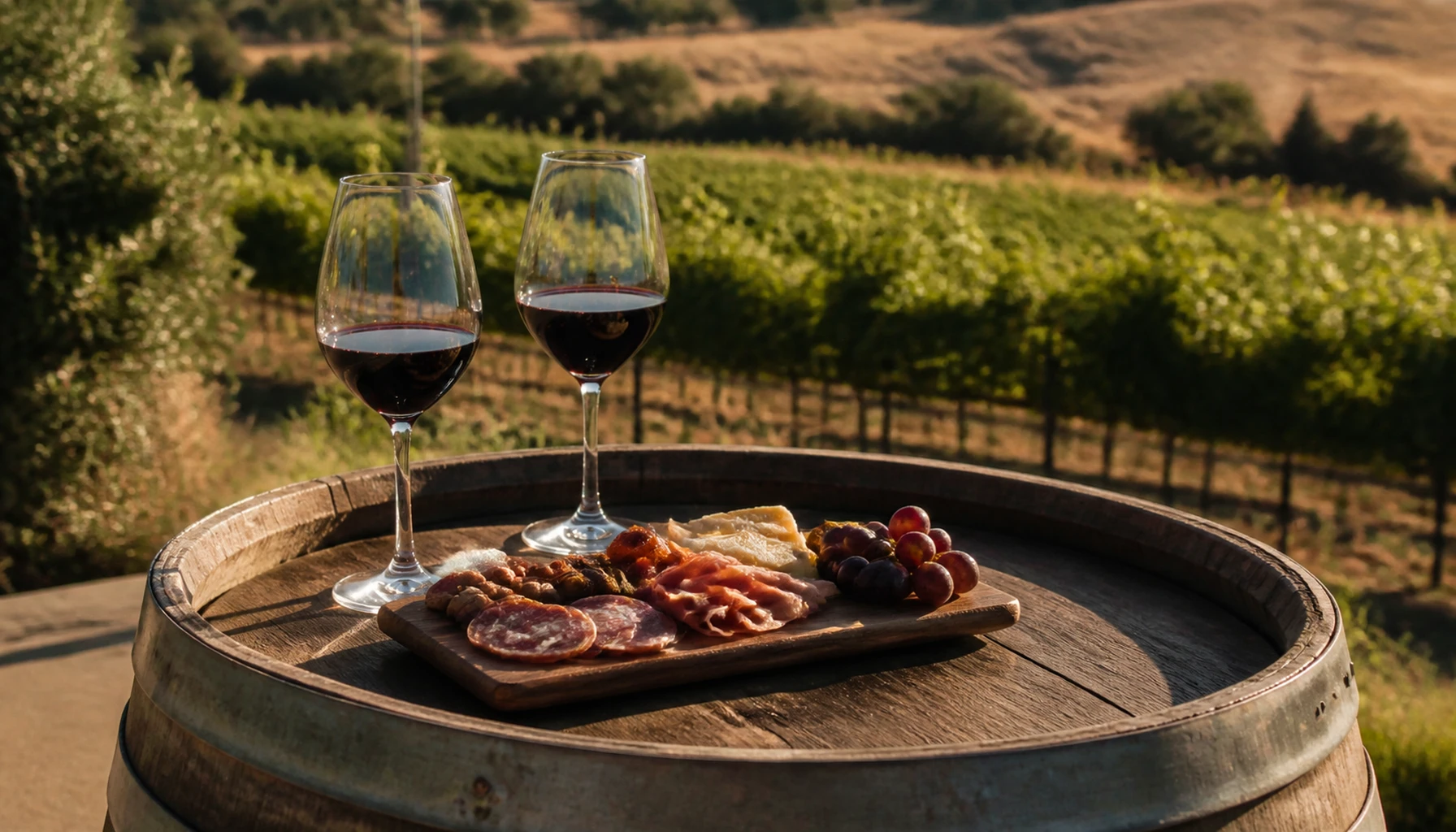 Two reds and a small board on an upturned barrel — golden hour handling the pairing