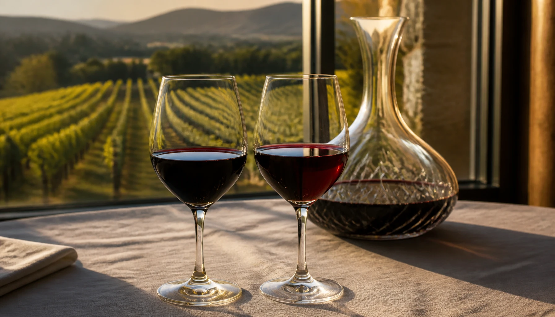 The Bordeaux pair side by side in late valley light — Cabernet’s dark frame, Merlot’s soft center