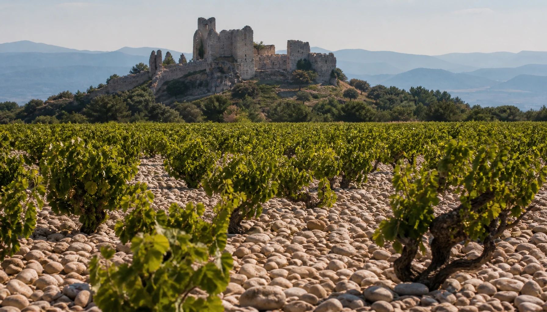 Round river stones under gnarled old vines near Avignon — holding the day’s heat long after the sun lets go