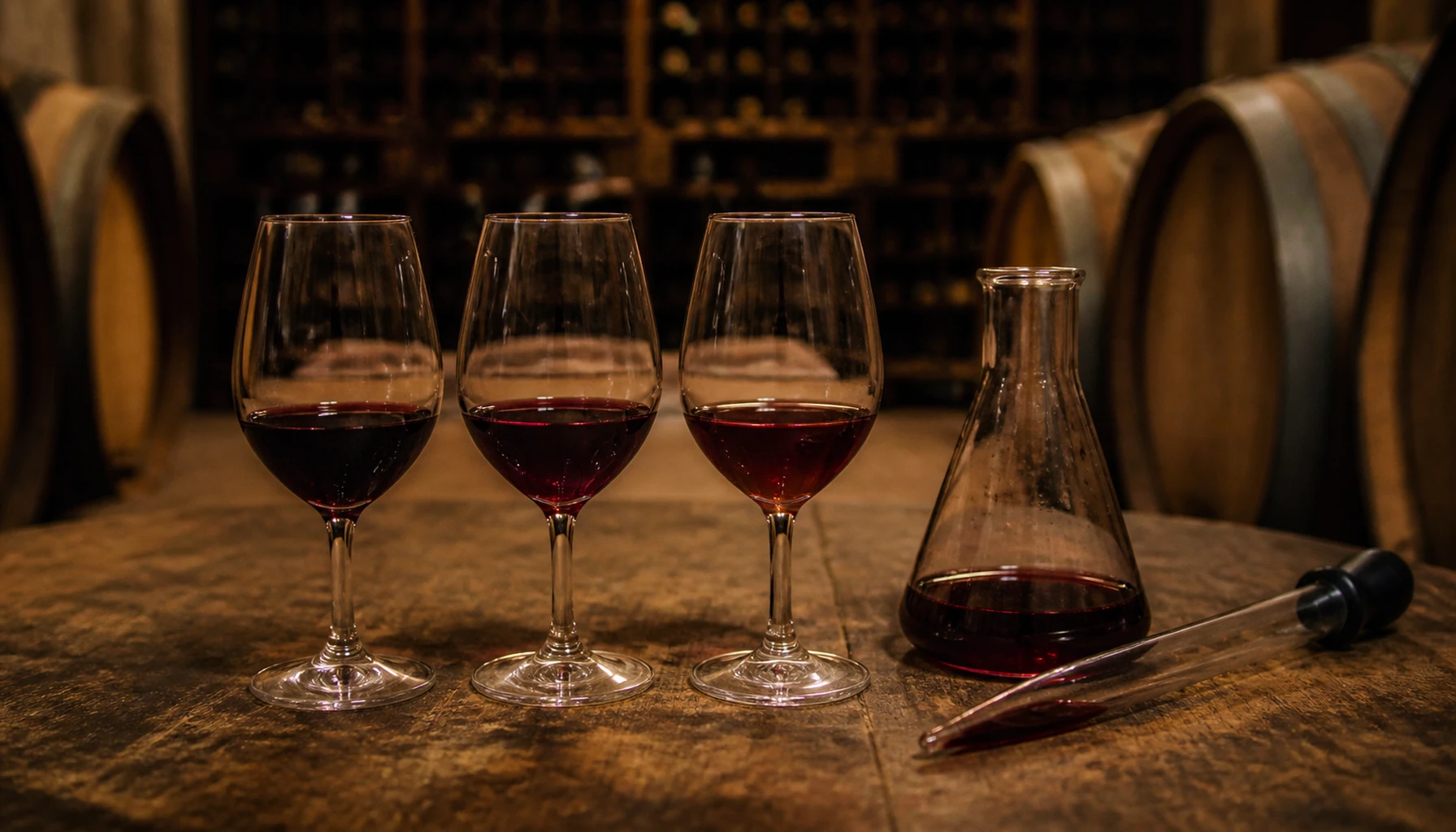 Three grapes, one glass — a GSM glowing translucent garnet in the Temecula afternoon