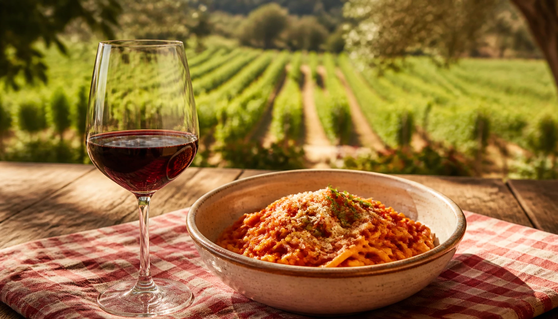 A glass of Sangiovese in late valley light — garnet at the core, sour cherry on the nose, dinner strongly implied