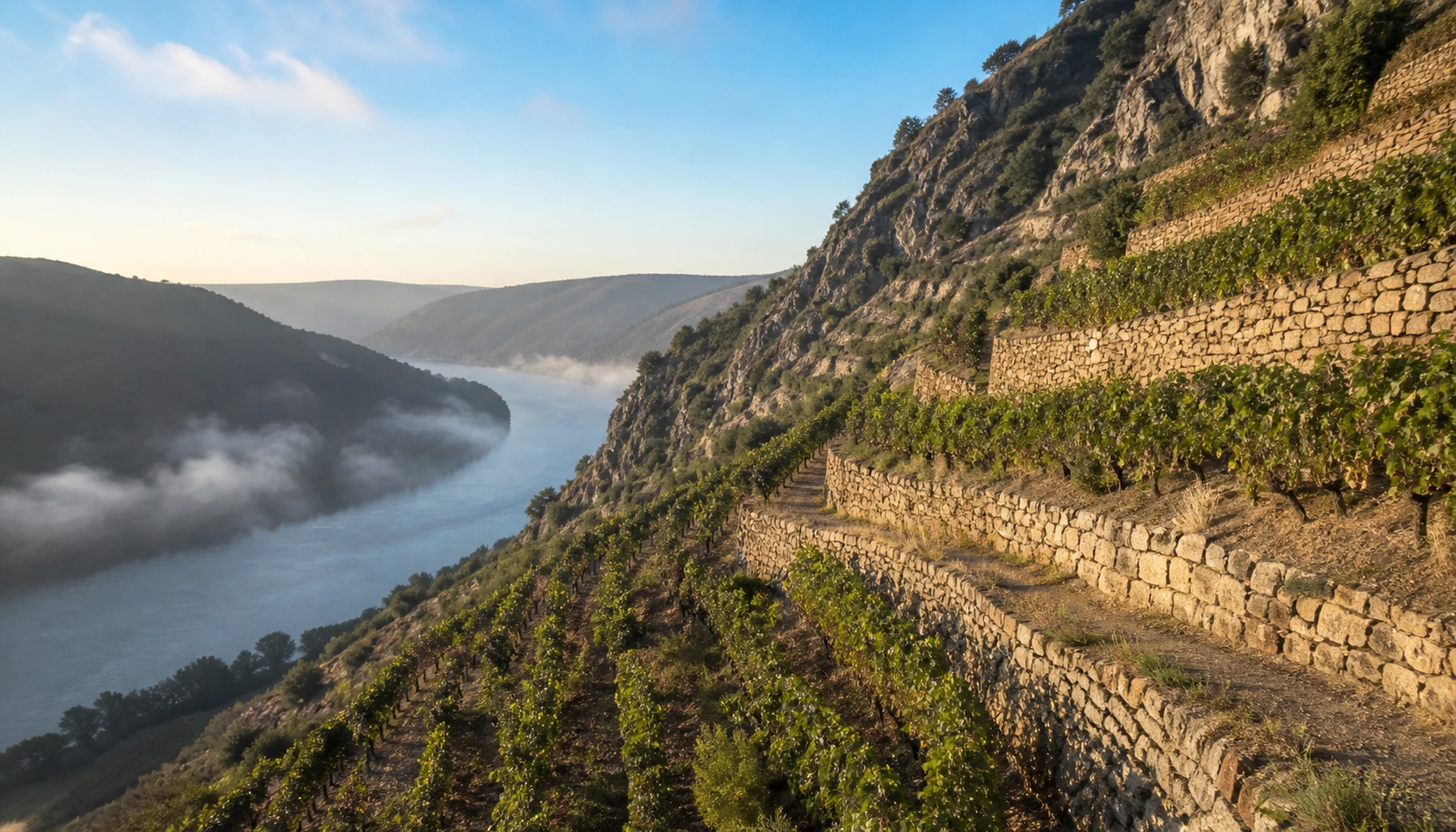 Terraced vines stacked above a bend of the Rhône — the steep, hand-worked slopes where Syrah made its name