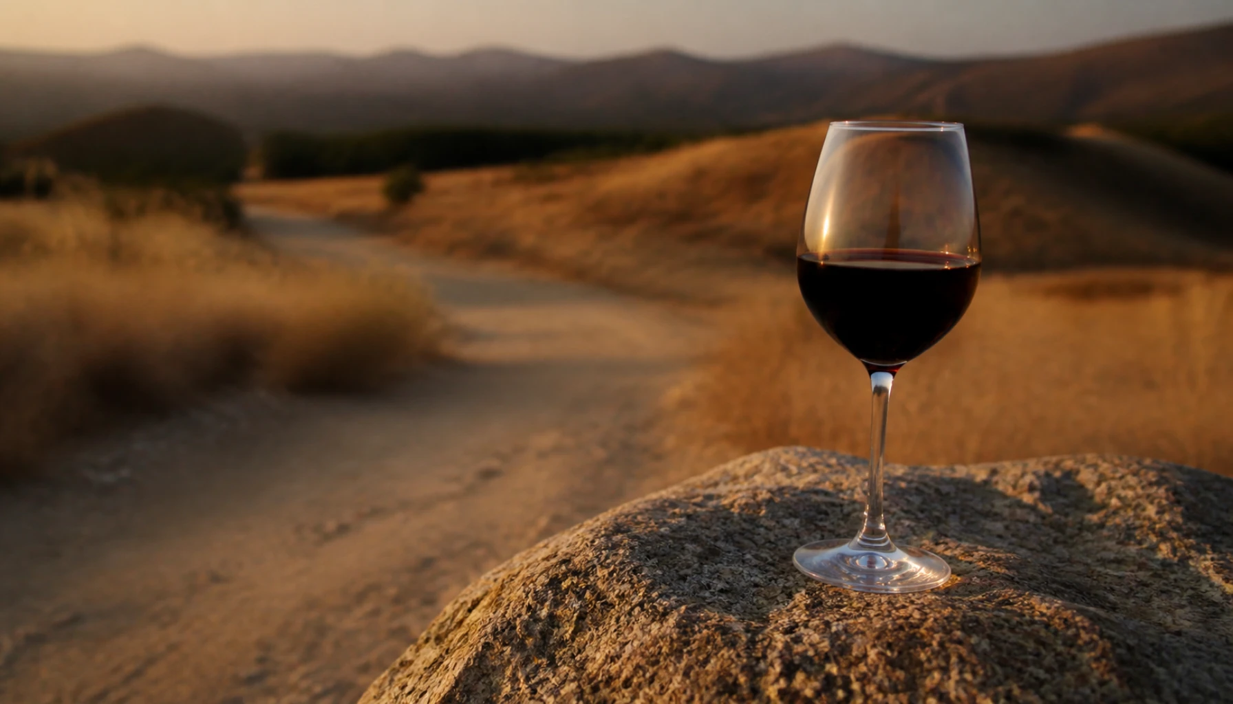 Syrah near harvest — blue-black clusters shrugging off the afternoon heat, granite dust below