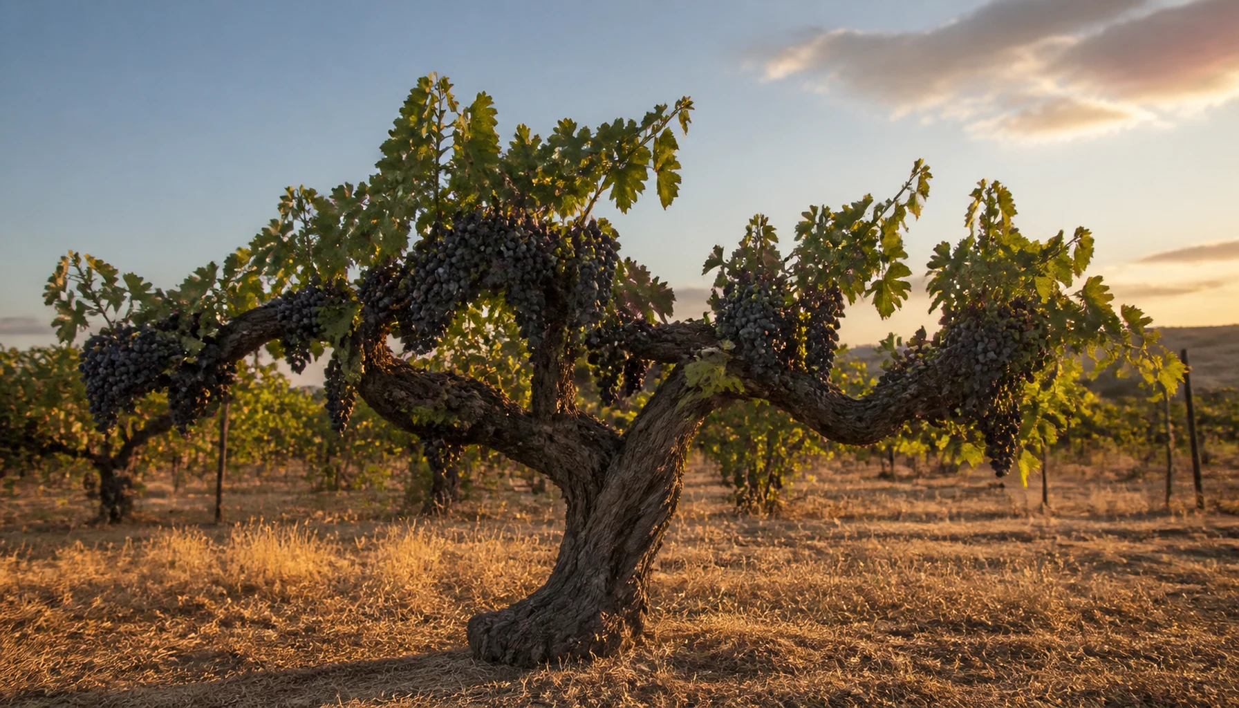 Small dark berries in big valley sun — Zinfandel ripening without a hint of embarrassment
