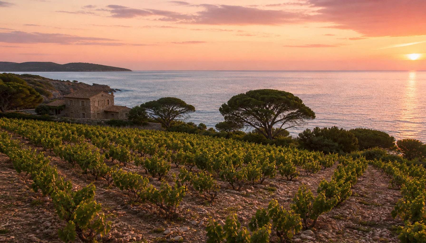 Evening light on old coastal vines above the Mediterranean — Provence has poured pale since the Greeks