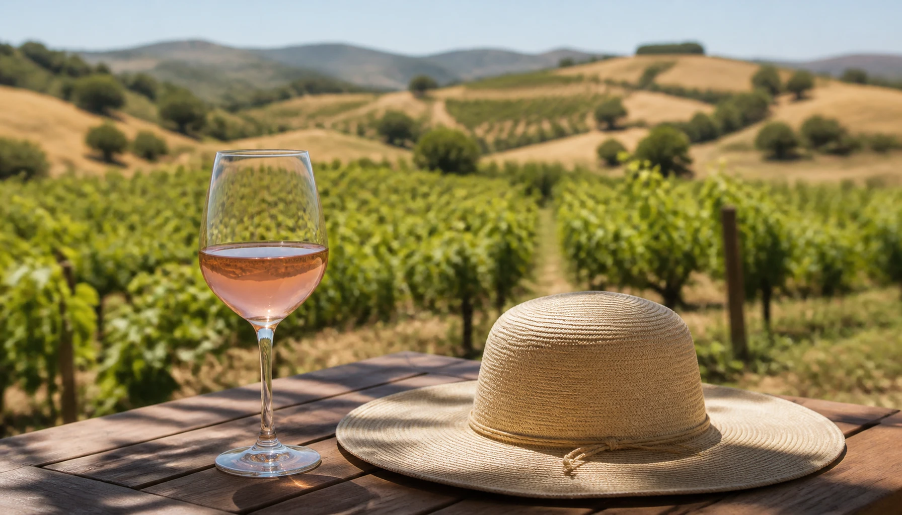 A pale coral pour on a sunlit patio table — summer, entirely at ease with itself