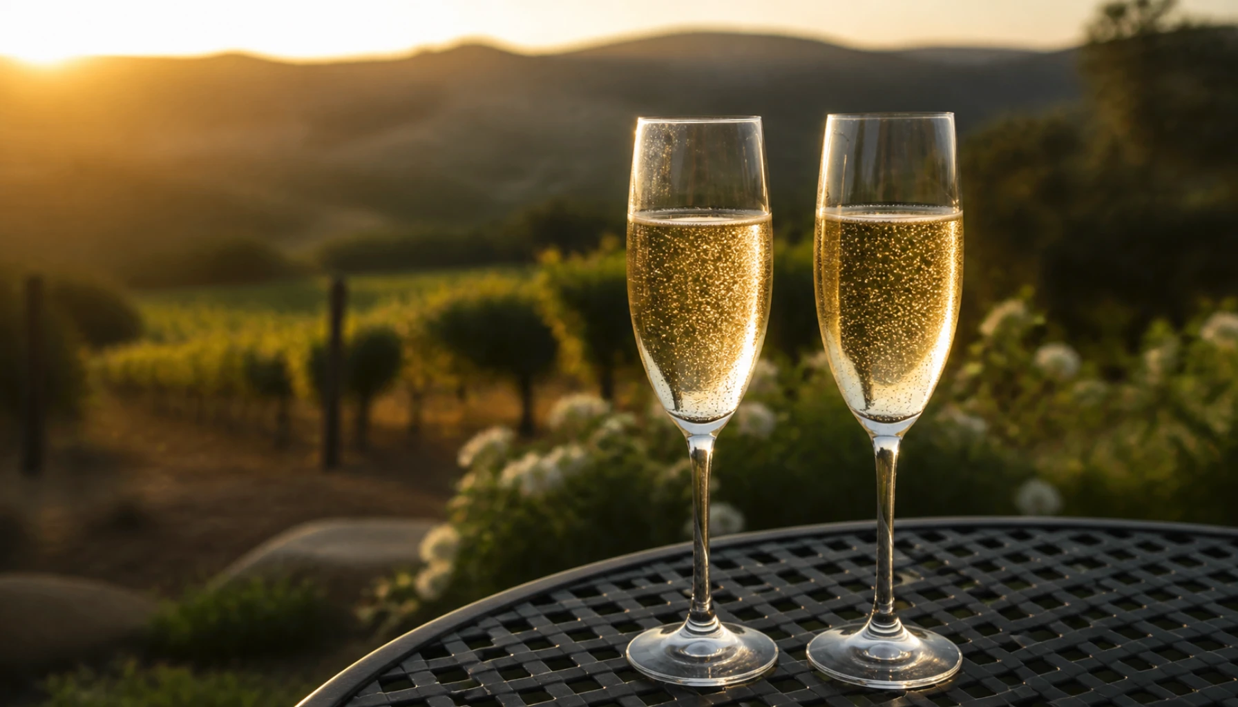 Two flutes on the terrace at golden hour — fine bubbles making their slow climb