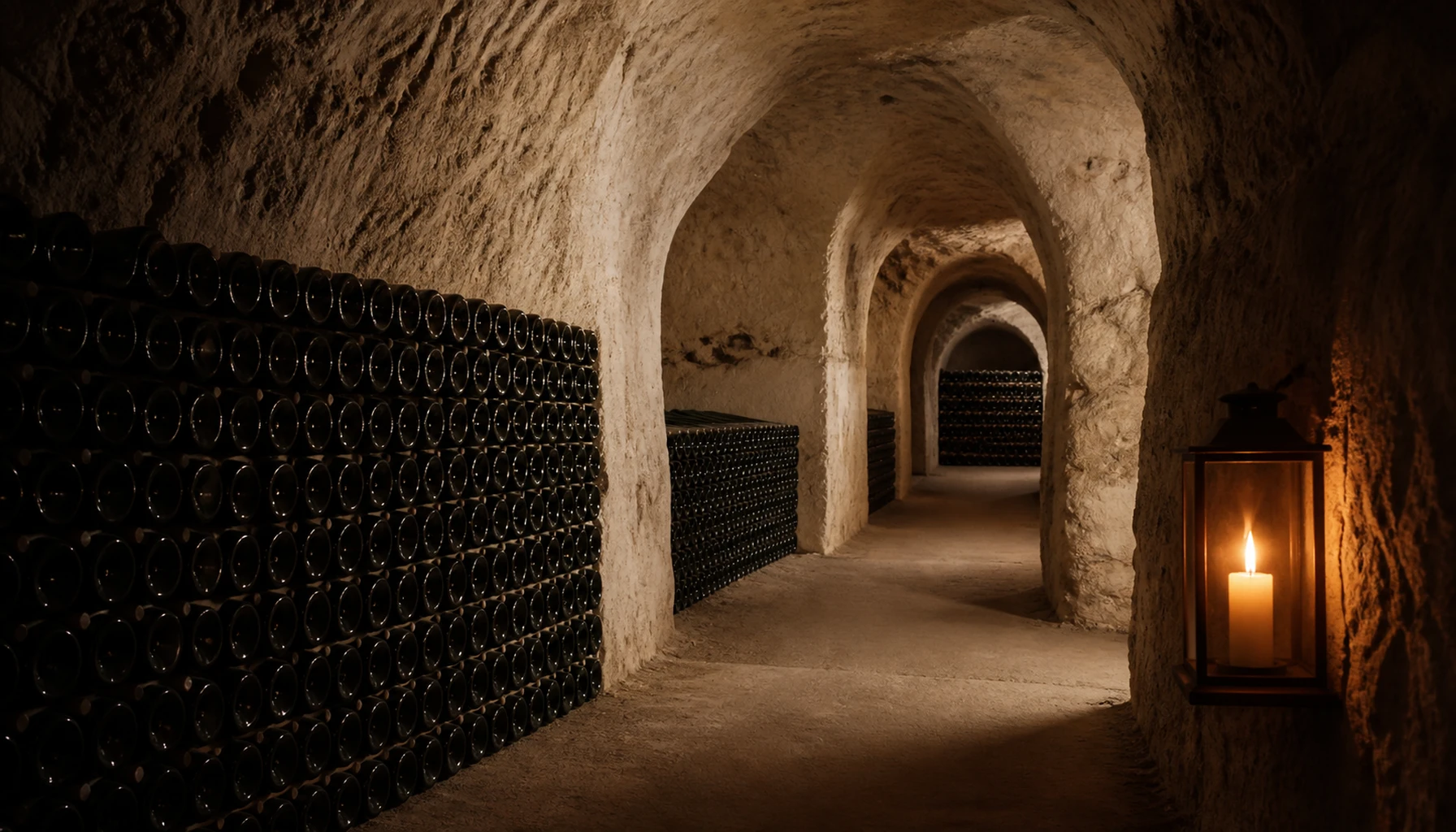 Candlelight in the chalk deep under Champagne — bottle stacks receding into a dark the wine spent a century learning to survive