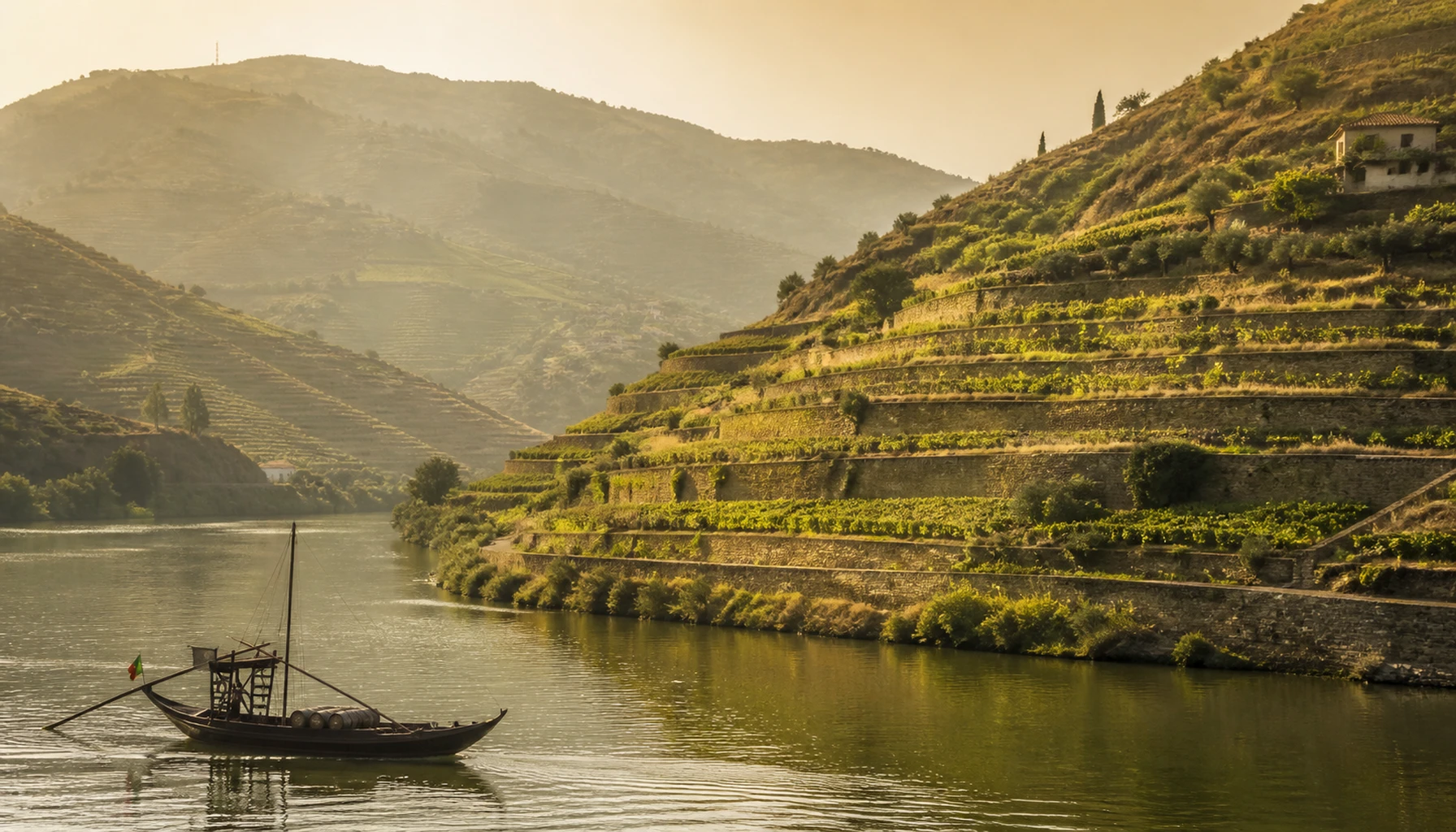 Douro terraces stepping down to the river, a rabelo boat riding below — the valley that taught wine to survive the sea