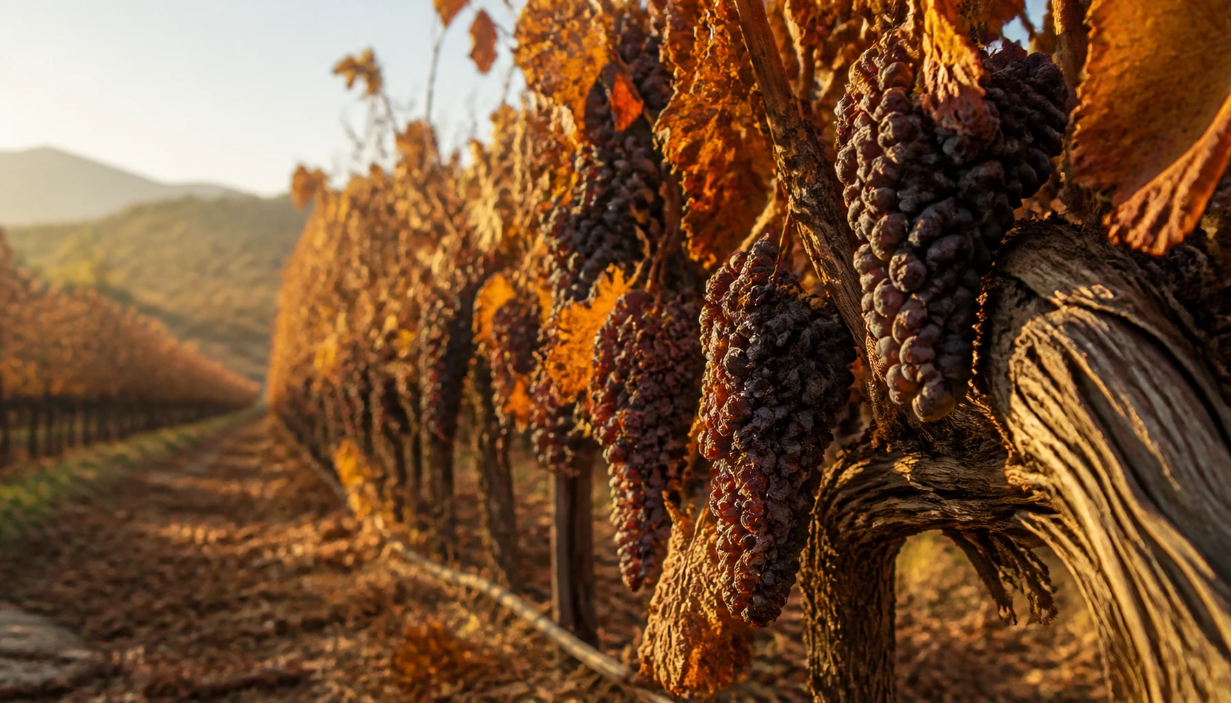 Clusters going quietly toward raisin — late-autumn light doing the concentrating