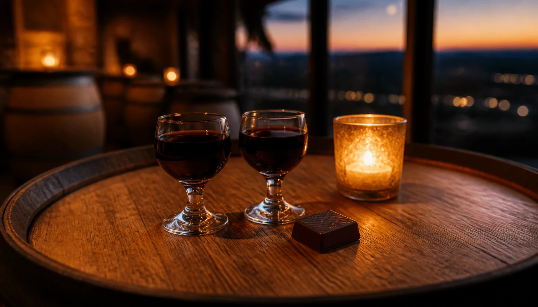 Two small glasses and a square of dark chocolate — the flight’s candlelit last act