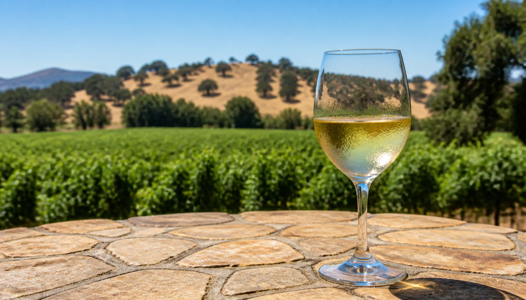 A cold glass of Viognier sweating on the stone, vines just behind — the valley’s weather, answered