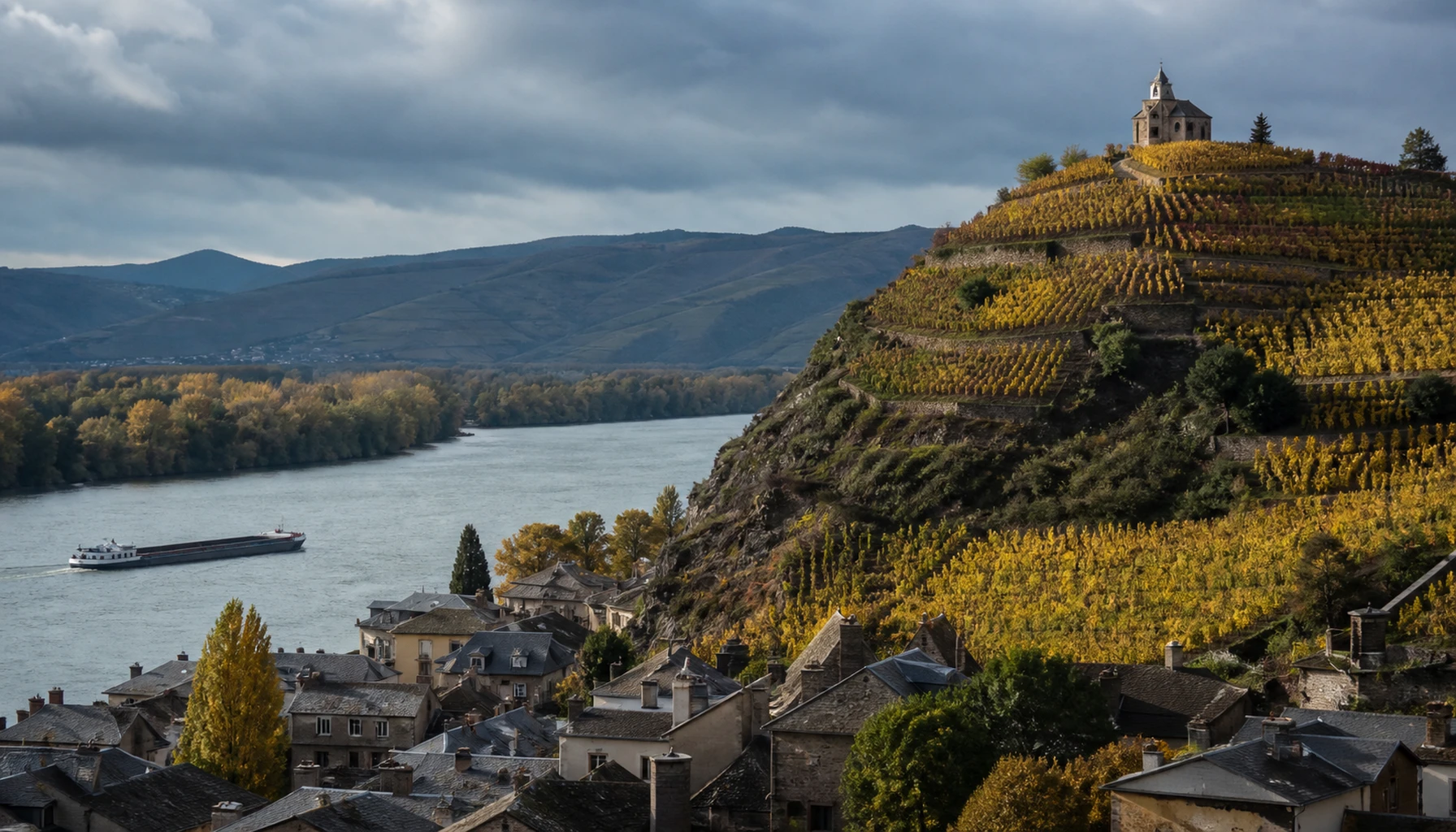 The chapel-crowned hill of Hermitage rising over the Rhône — granite terraces where the white pair grew up together
