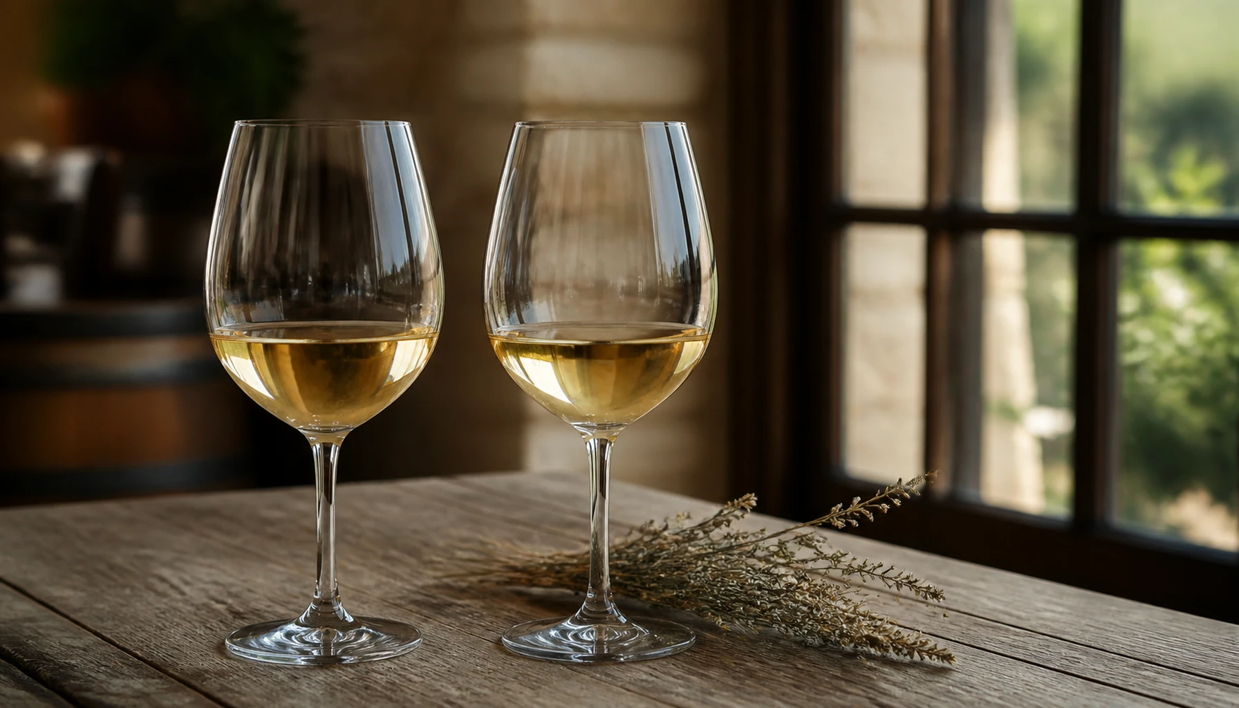 Two golds side by side on the tasting bar — Marsanne’s deep straw beside Roussanne’s russet-tinged shine