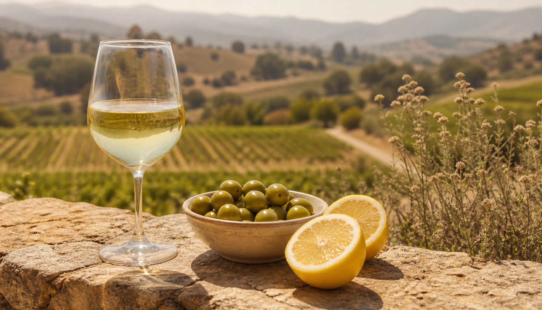 Green-gold Vermentino in the late Temecula light — a shoreline grape looking entirely unbothered, twenty-two miles from the sea