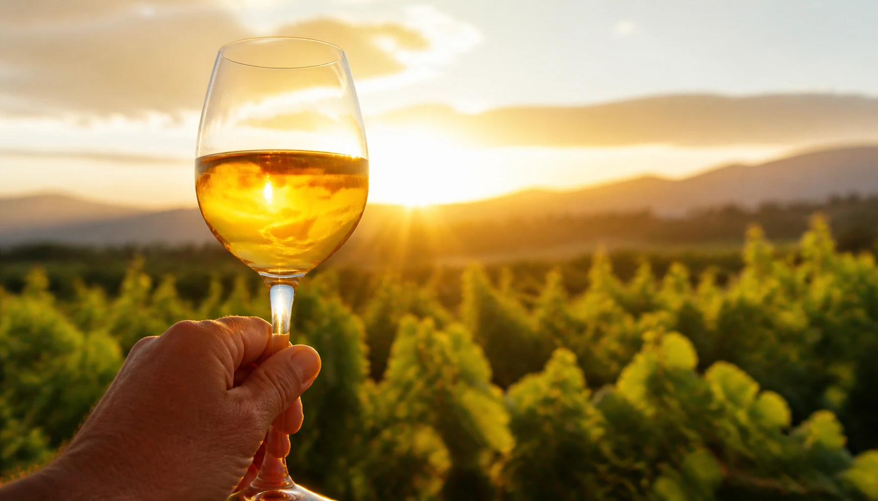 Deep gold in the glass, vine rows shimmering behind — the flagship white sitting for its portrait in Temecula light